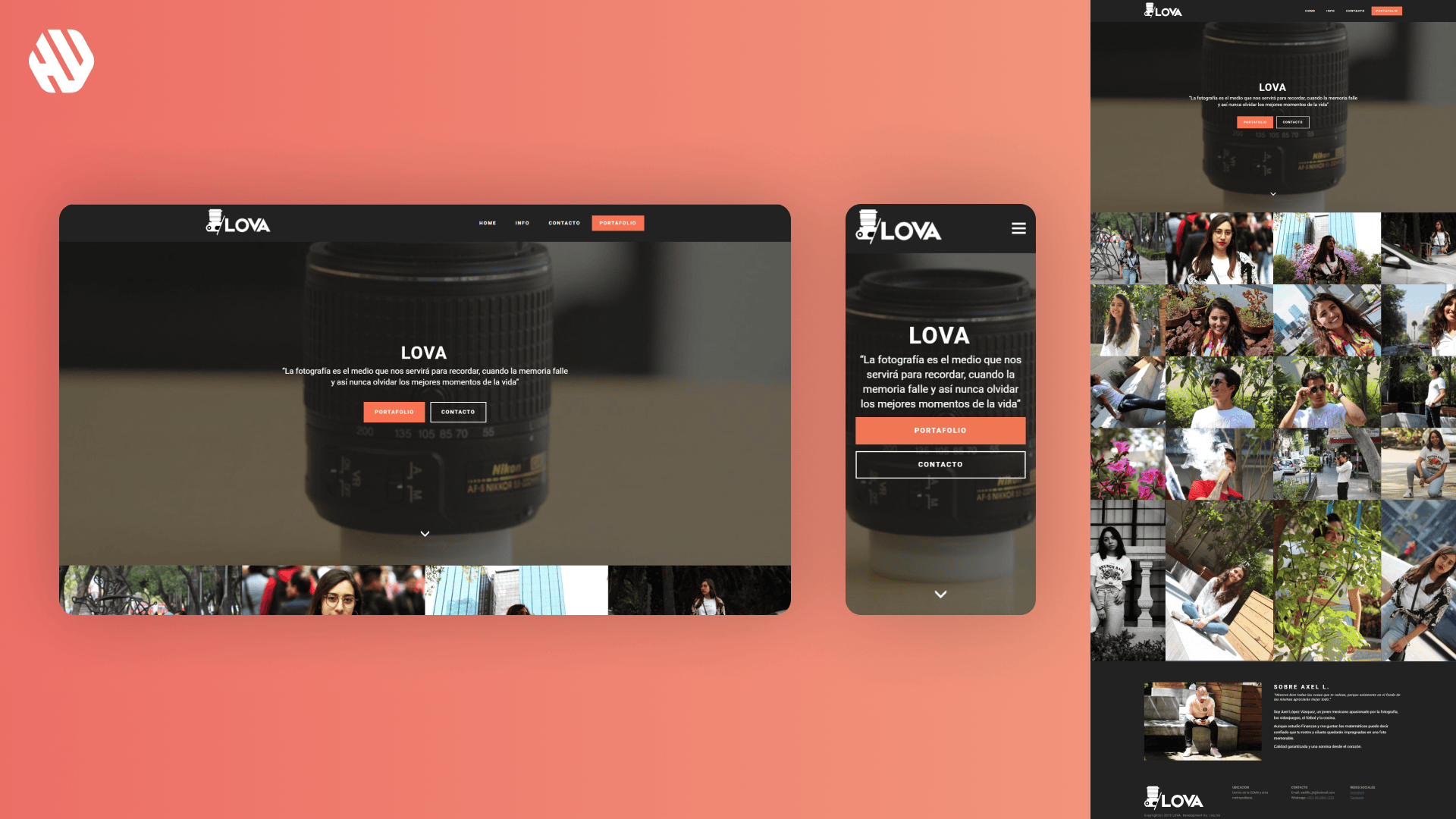 Collage of LOVA brand's website design with camera lens and photo portfolio showcased.